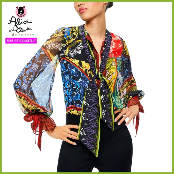 Alice + Olivia Colorful Patterned Tie-Front Blouse